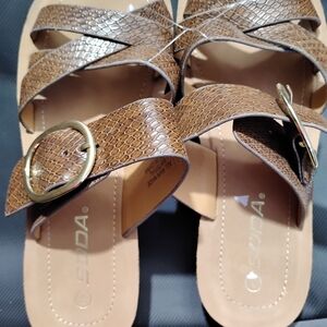 SODA Women’s Brown Snake-Texture Slide Sandals with Buckle